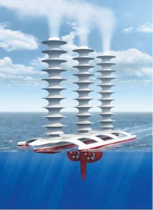 約翰．麥克尼爾(John McNeill)繪製的概念圖：噴霧船的煙囪正在執行拯救地球的任務，試圖讓海上的雲變大變亮，把陽光反射回太空。圖片來源:華盛頓大學網站。   